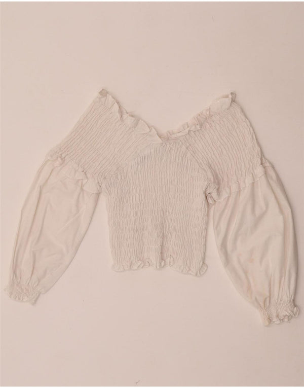Zara Top feminino de manga comprida com ombro de fora UK 12 médio branco