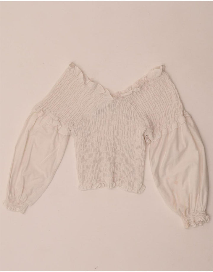Zara Top feminino de manga comprida com ombro de fora UK 12 médio branco
