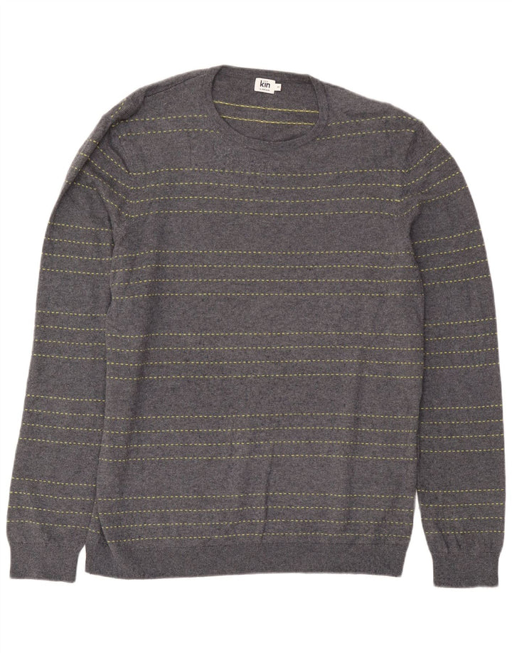 Suéter masculino John Lewis com gola redonda, algodão listrado azul médio