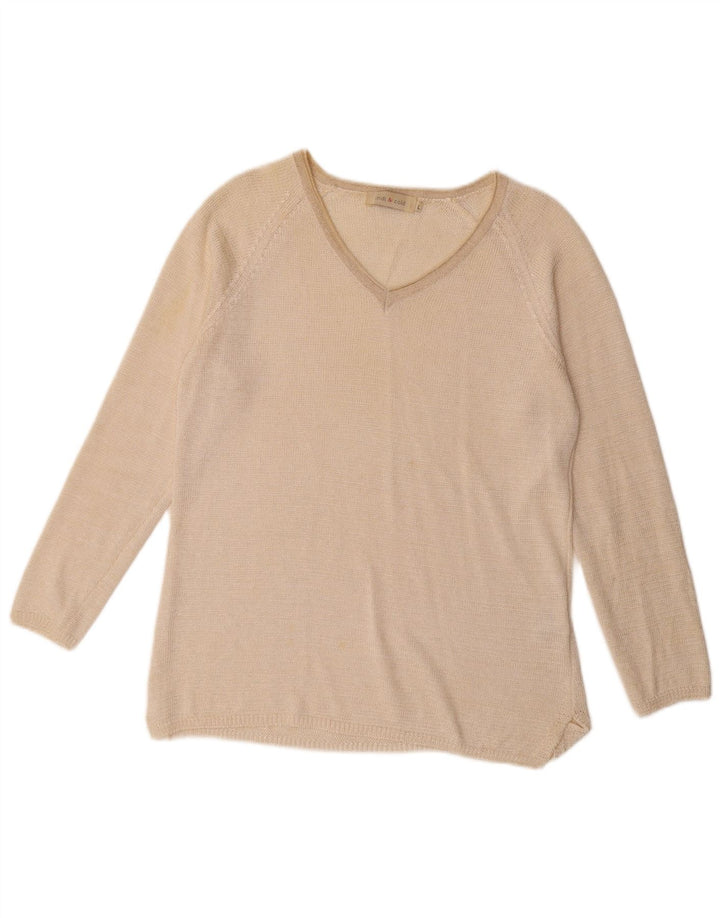 Suéter feminino vintage com decote em V Reino Unido 16 grande poliéster bege