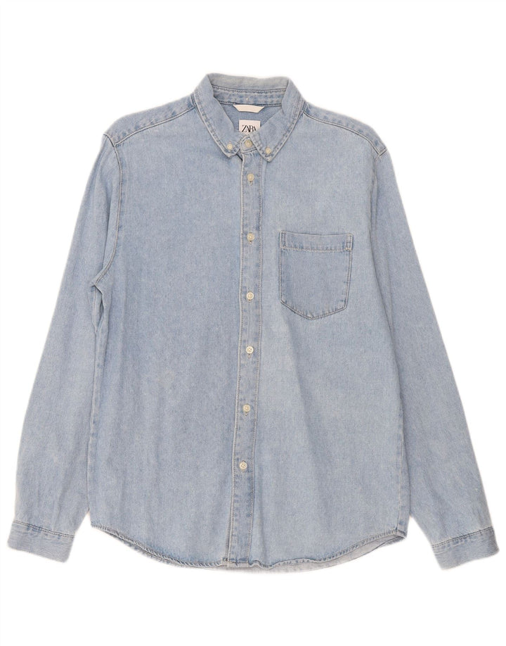 Zara Camisa jeans masculina média azul algodão