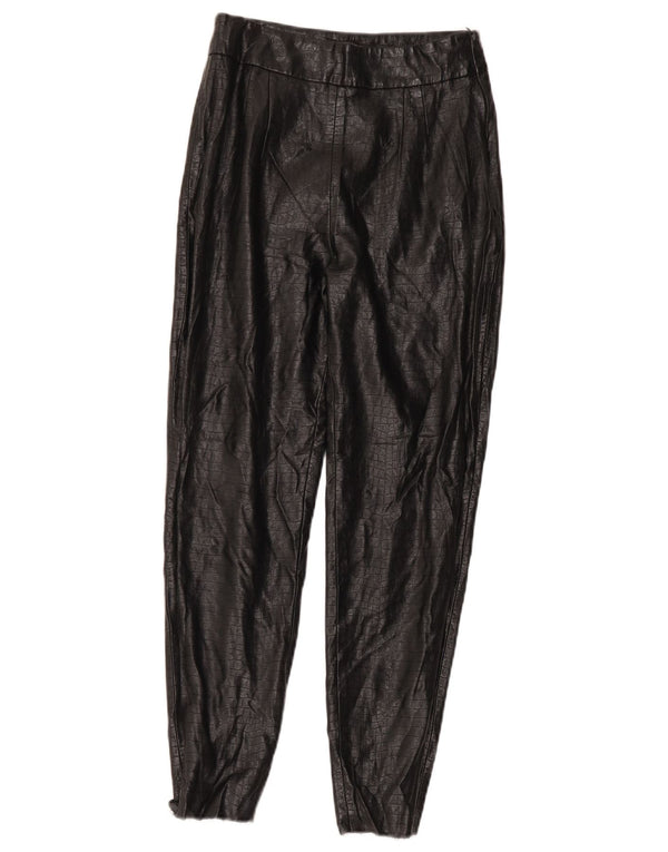 Zara Calça feminina skinny de couro sintético pequena W26 L26 preta com estampa animal