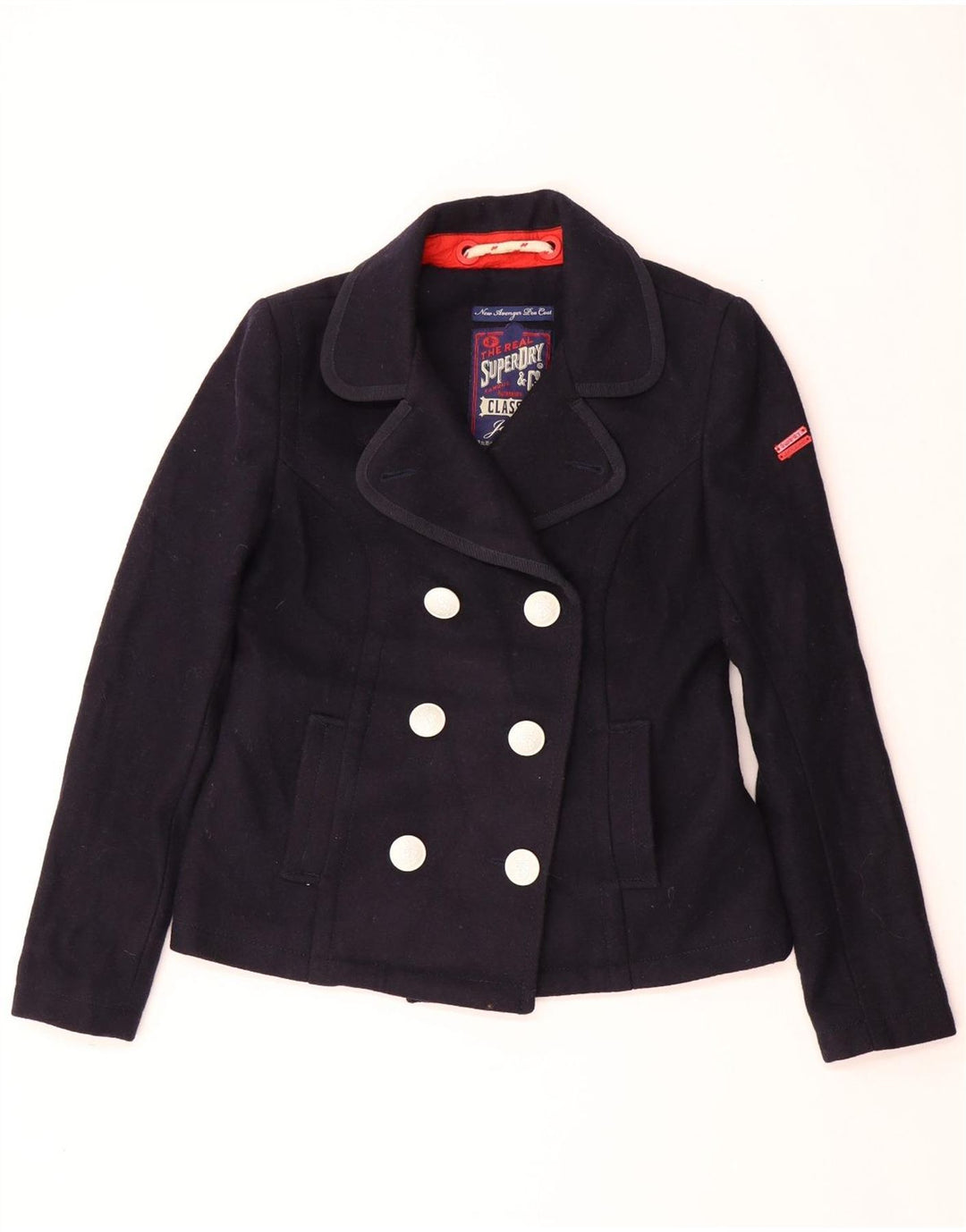 Casaco feminino SUPERDRY Pea Coat UK 14 lã azul marinho médio