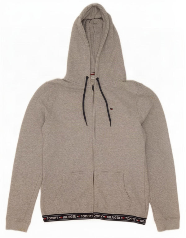 Tommy Hilfiger Suéter masculino com capuz e zíper gráfico grande bloco colorido cinza