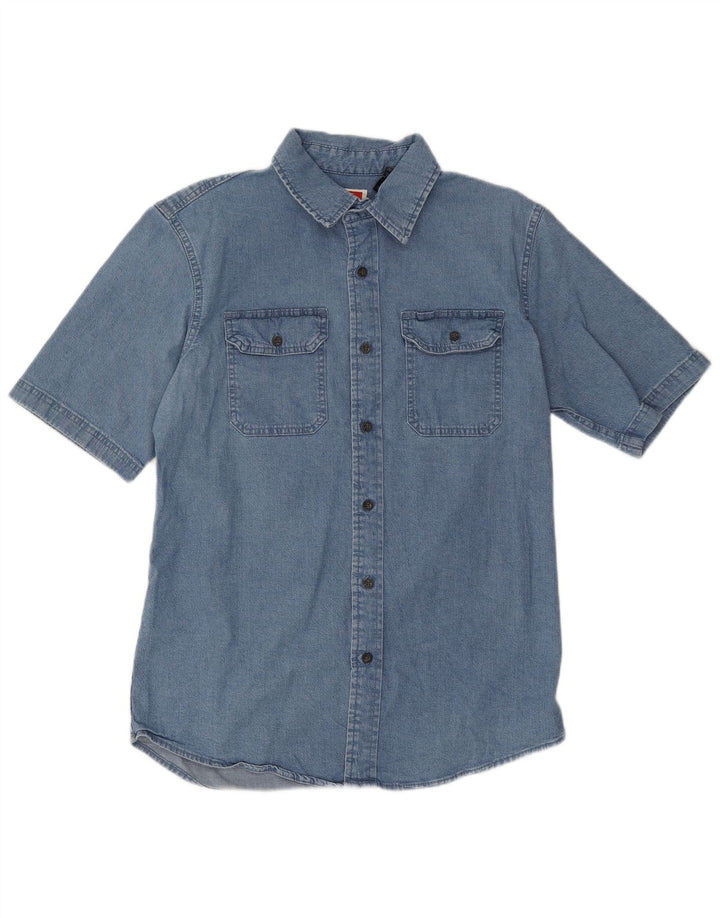 Camisa jeans Wrangler masculina de manga curta azul médio algodão