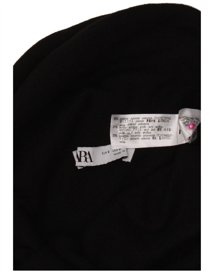 Zara Top feminino com gola redonda e manga comprida UK 8 pequeno poliéster preto