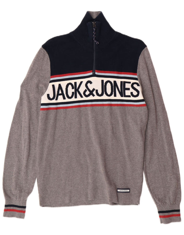 Suéter masculino JACK & JONES com zíper e gola pequena em bloco colorido cinza