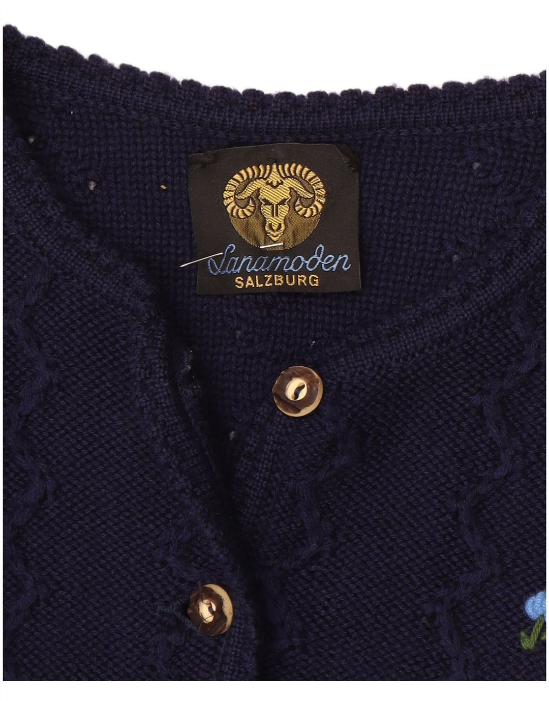 Suéter cardigan vintage feminino UK 12 médio azul marinho floral