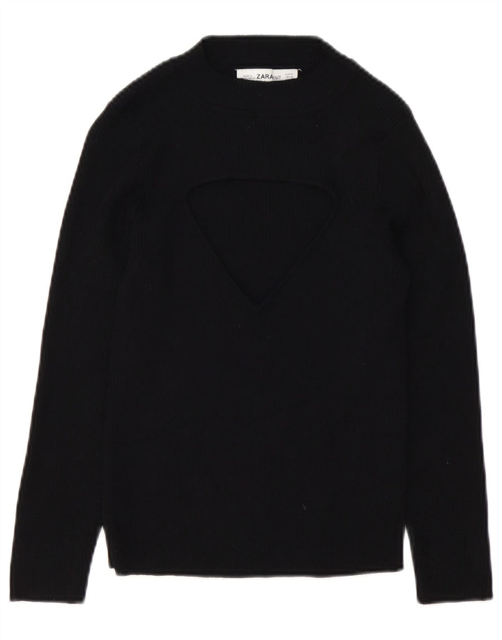 Zara Suéter feminino com gola redonda e gola redonda, preto pequeno, 10