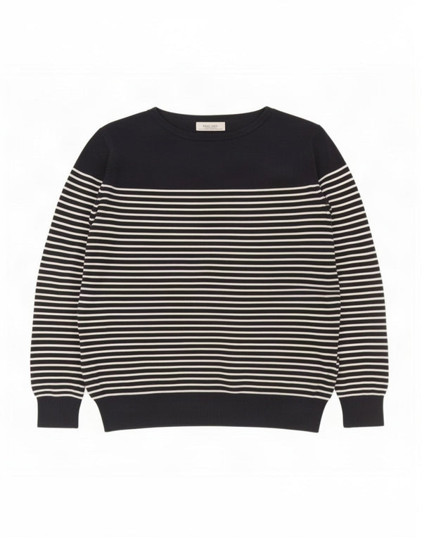 Zara Suéter masculino com gola canoa grande algodão listrado azul marinho