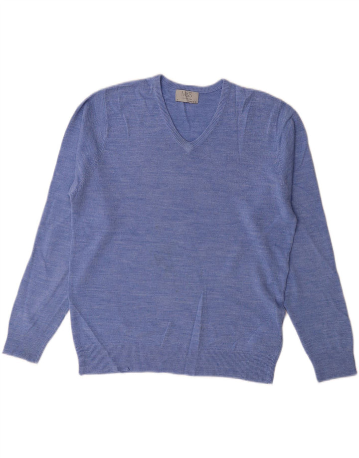 Suéter masculino Marks & SPENCER com ajuste regular e decote em V, acrílico azul médio