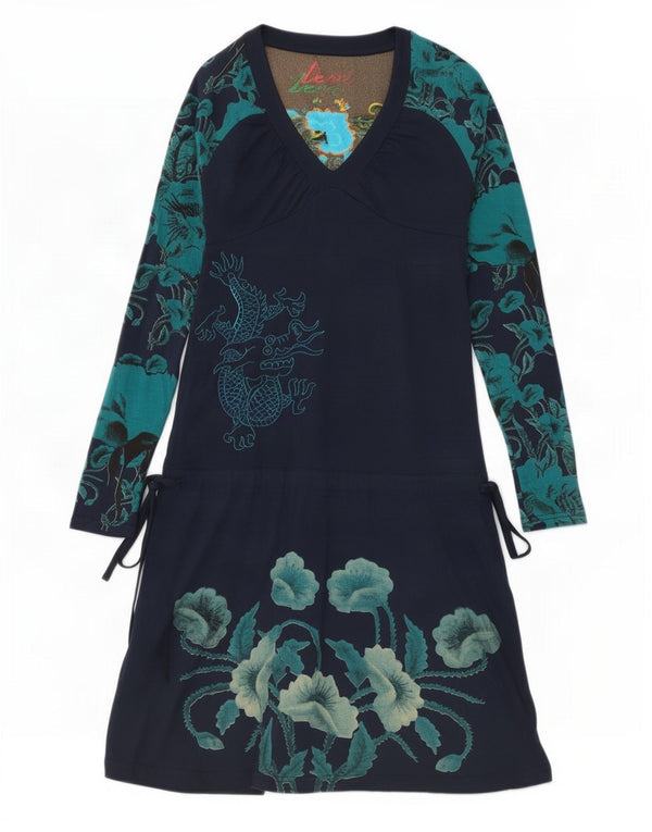Vestido feminino Desigual estampado manga comprida evasê UK 4 XS azul marinho floral