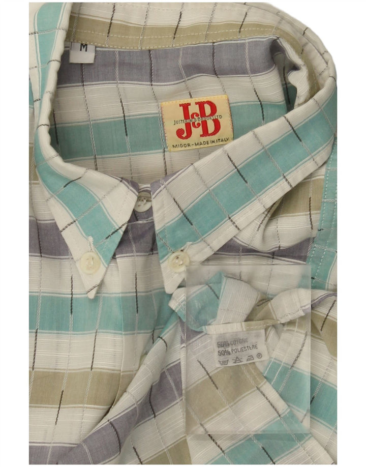 Camisa masculina vintage de manga curta, algodão listrado multicolorido médio