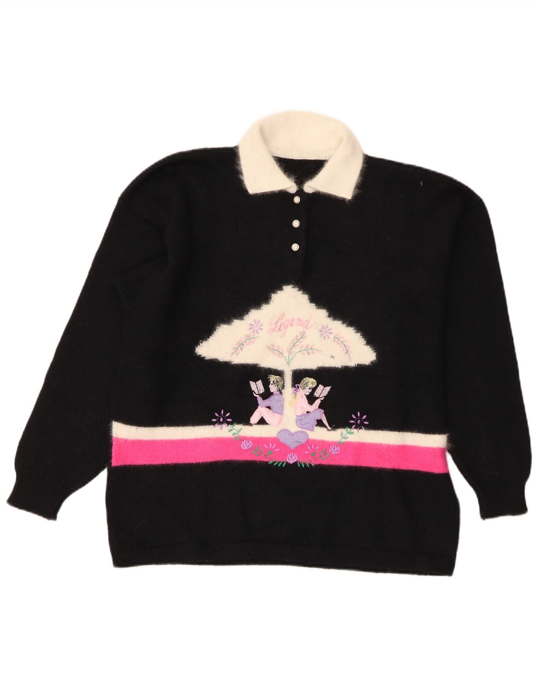 Suéter feminino vintage com gola polo UK 14 bloco colorido preto médio