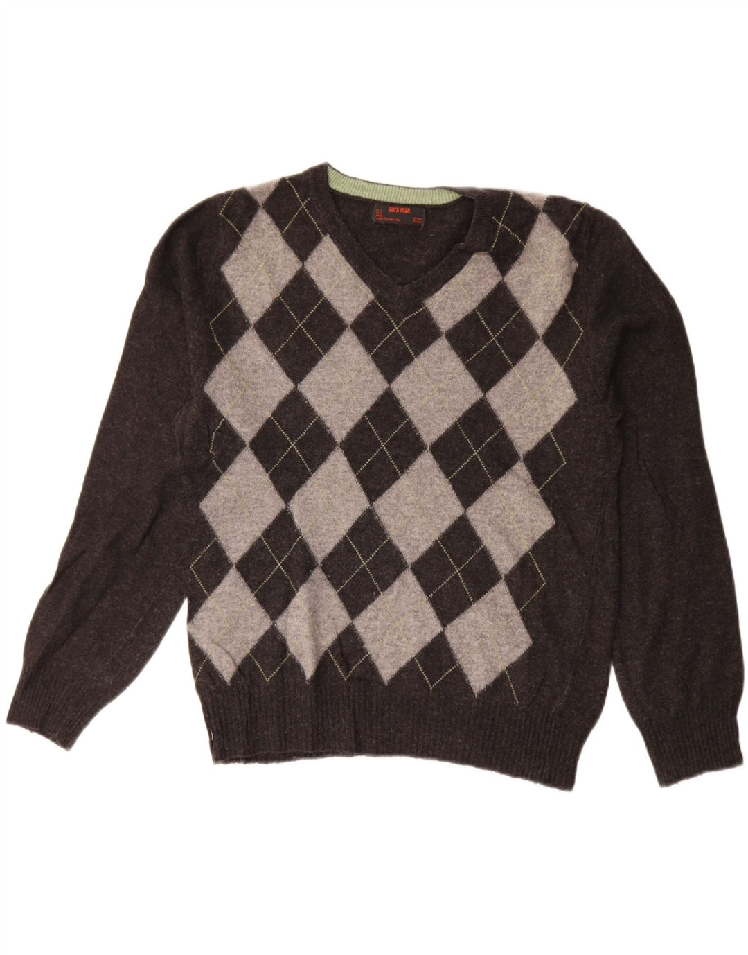 Suéter masculino ZARA com decote em V cinza médio Argyle/lã diamante
