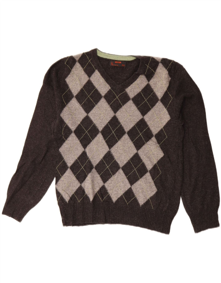 Suéter masculino ZARA com decote em V cinza médio Argyle/lã diamante