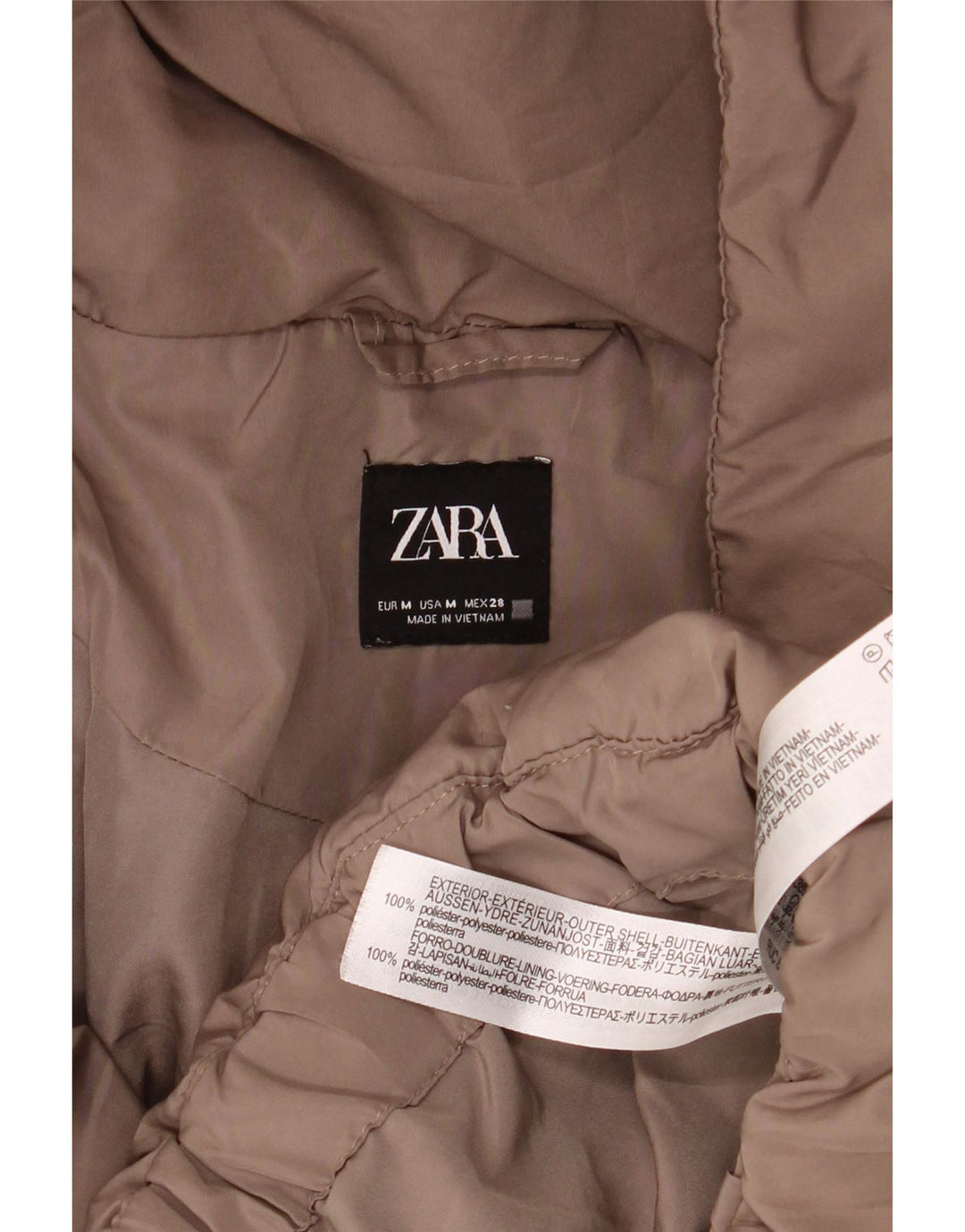 Jaqueta acolchoada com capuz grande Zara para mulher UK 14 poliéster marrom médio