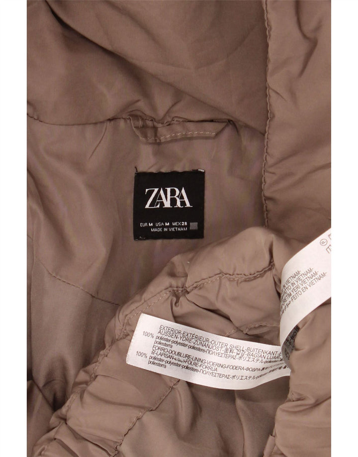 Jaqueta acolchoada com capuz grande Zara para mulher UK 14 poliéster marrom médio