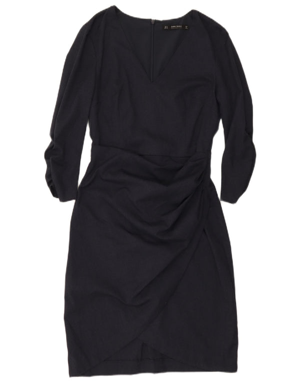 Vestido feminino Zara manga 3/4 com bainha UK 10 pequeno azul marinho poliéster