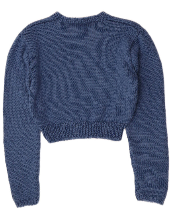 Suéter feminino vintage com gola canoa e decote em barco UK 8 pequeno azul