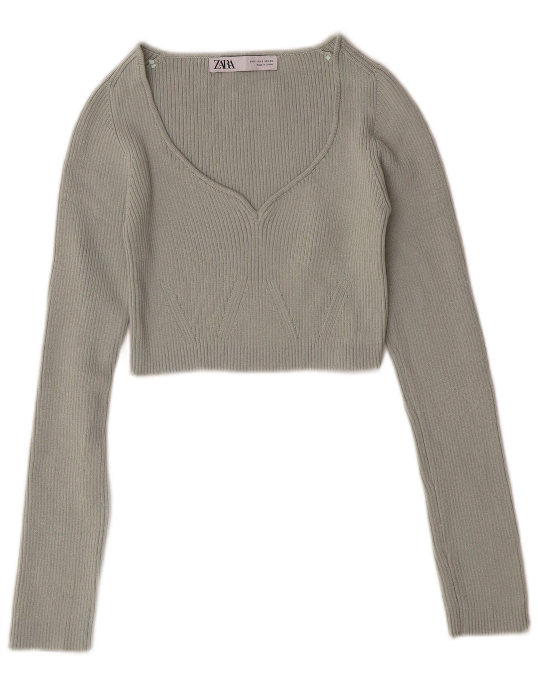 Suéter feminino ZARA com decote em V, Reino Unido 8, pequeno, verde, poliéster