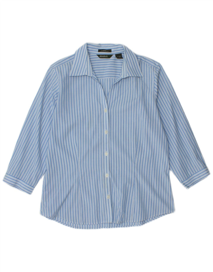 EDDIE BAUER Camisa feminina manga 3/4 Reino Unido 14 algodão listrado azul médio