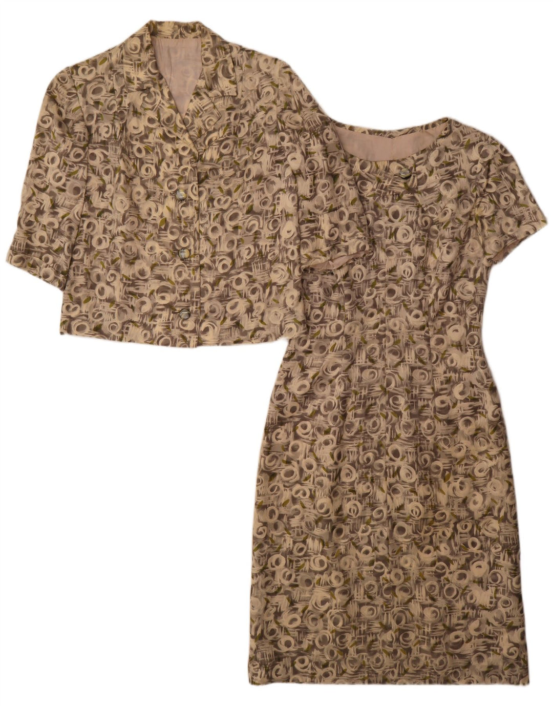 Conjunto de 2 peças vintage feminino com padrão abstrato manga 3/4 Reino Unido 12 cinza médio