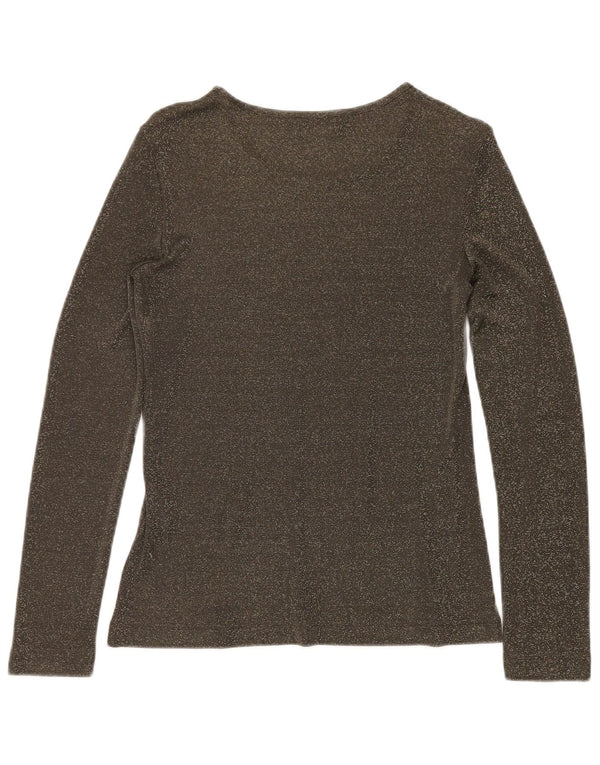 Top feminino VINTAGE manga comprida Reino Unido 12 viscose manchada verde médio