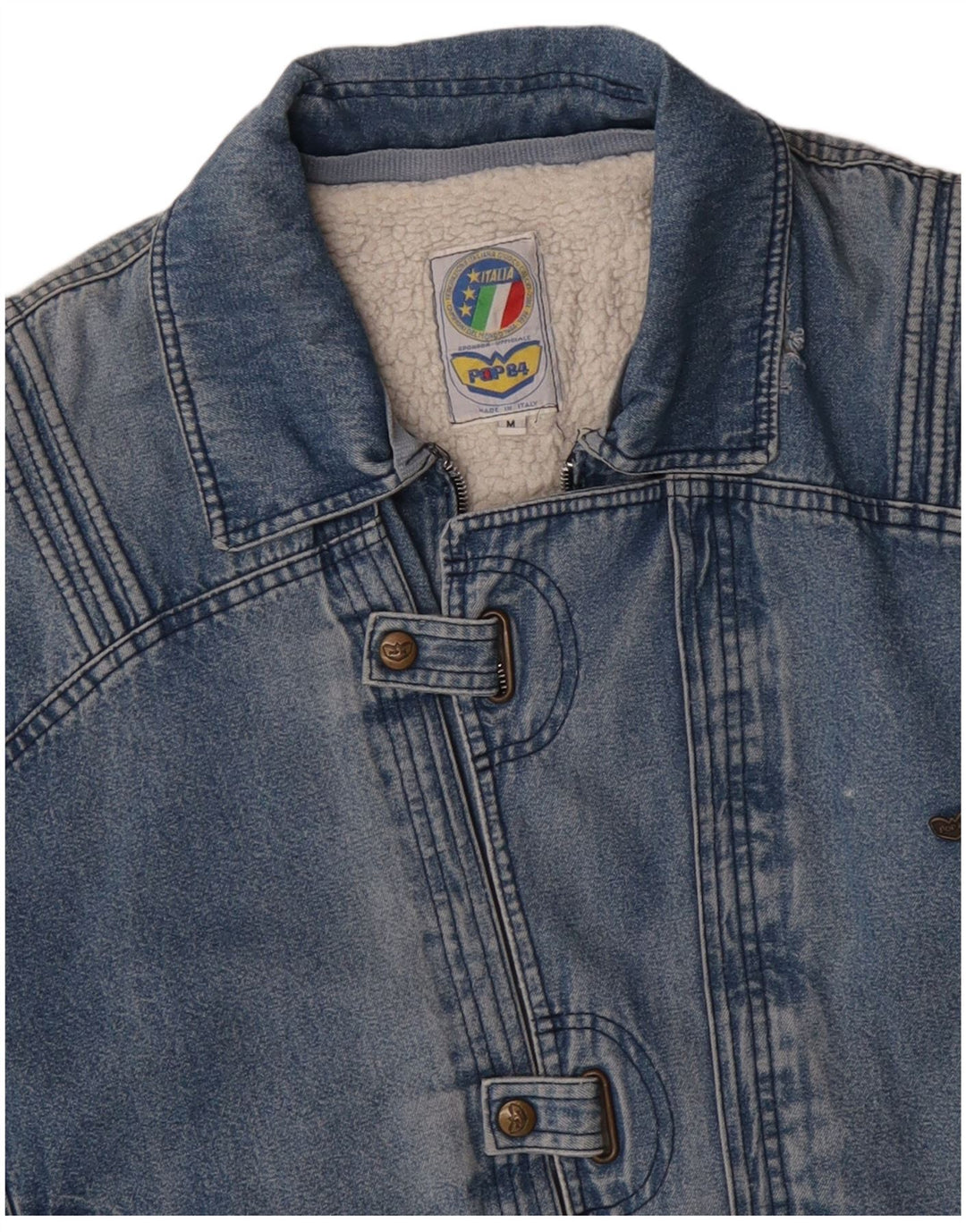 POP 84 Jaqueta masculina vintage solta jeans sherpa Reino Unido 38 algodão azul médio