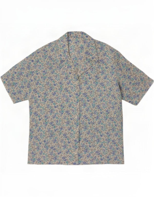 Blusa feminina vintage de manga curta UK 12 floral azul médio