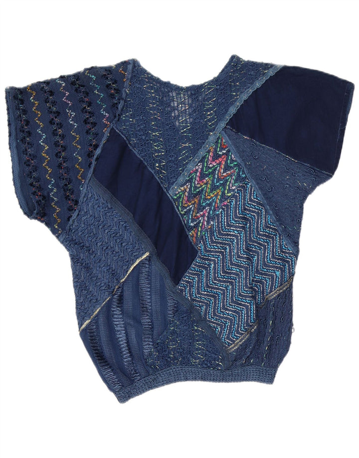Blusa feminina vintage UK 16 grande patchwork azul marinho