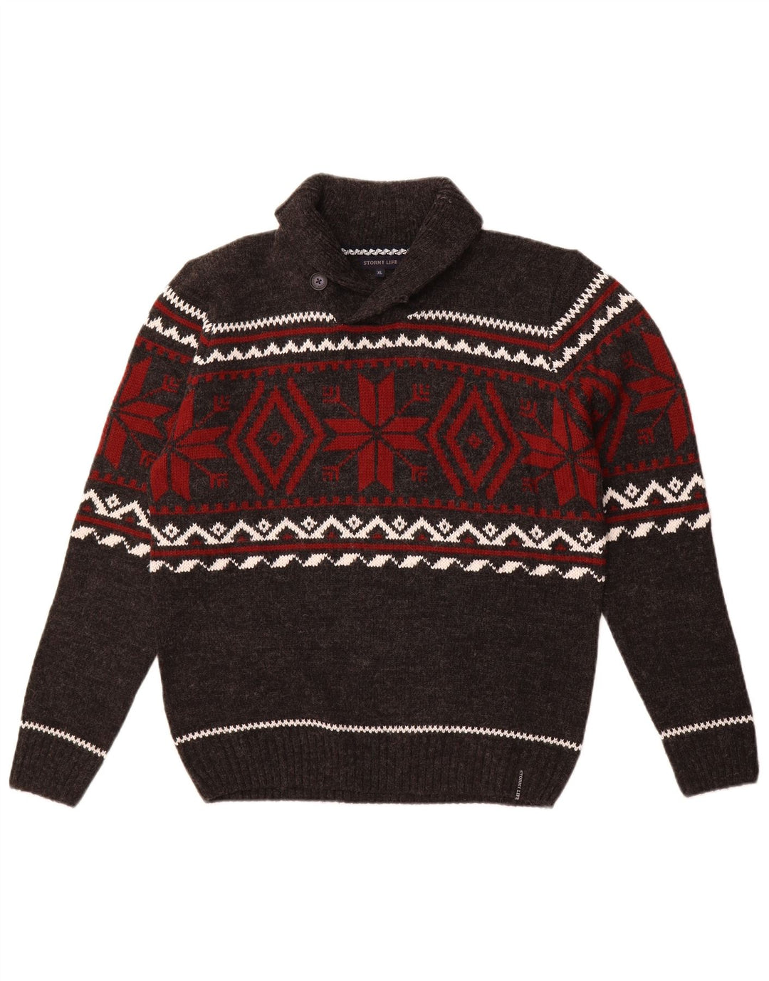 Suéter masculino vintage com gola xale cinza médio Fair Isle