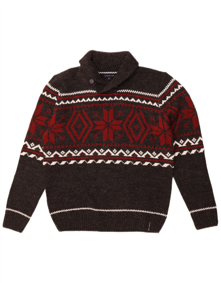 Suéter masculino vintage com gola xale cinza médio Fair Isle