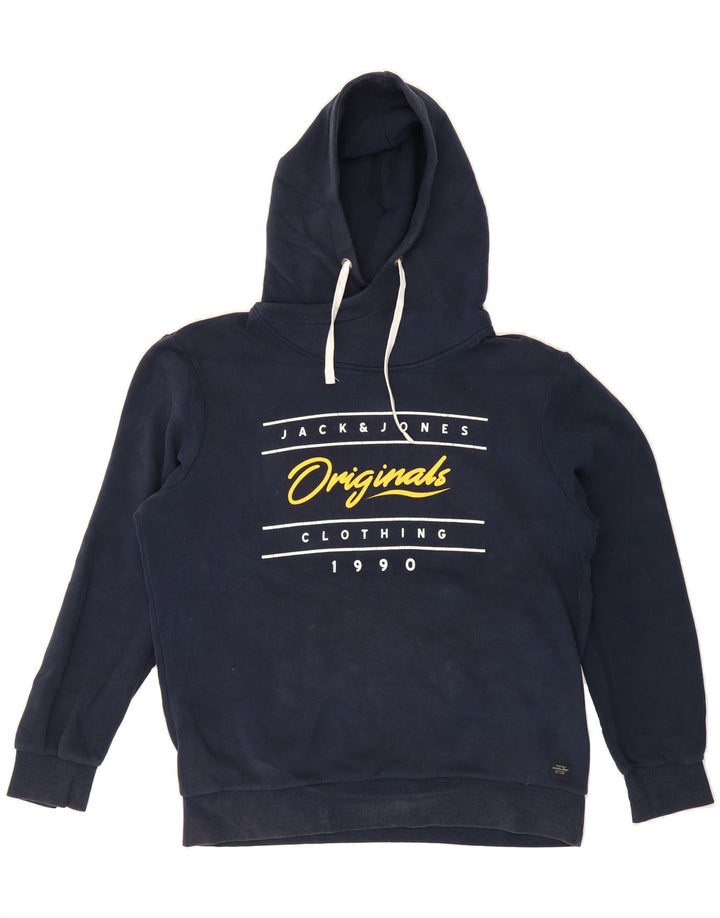 JACK & JONES Mens Graphic Hoodie Jumper Large Navy Blue Cotton Vintage Jack & Jones and Second-Hand Jack & Jones from Messina Hembry 