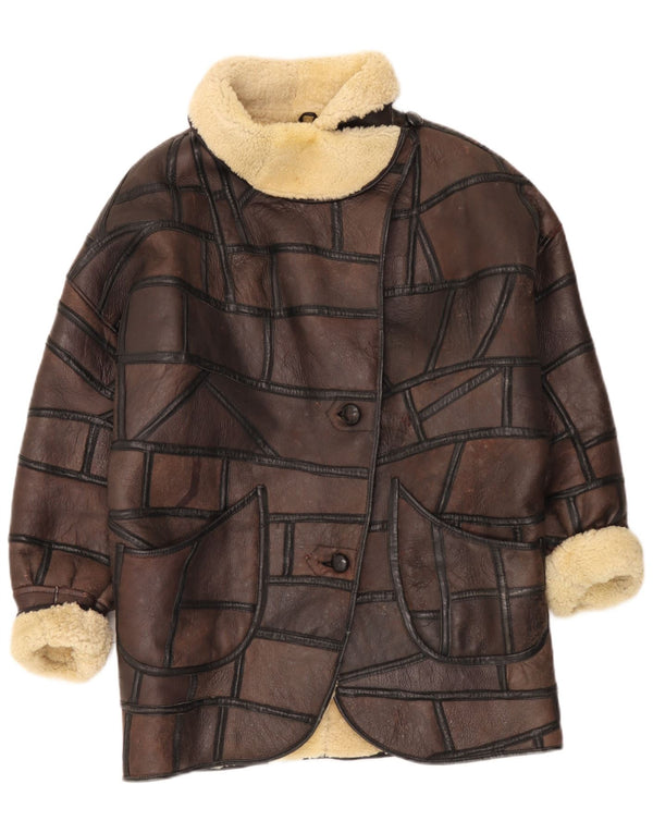 Casaco feminino vintage de shearling UK 18 XL marrom patchwork