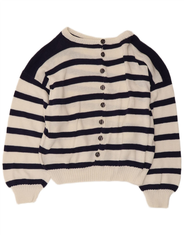 Suéter feminino VINTAGE com gola canoa Reino Unido 14 grande azul marinho náutico