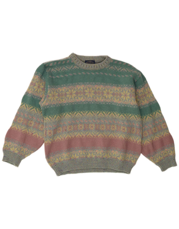 Suéter feminino vintage com gola canoa UK 14 grande multicolorido Fair Isle