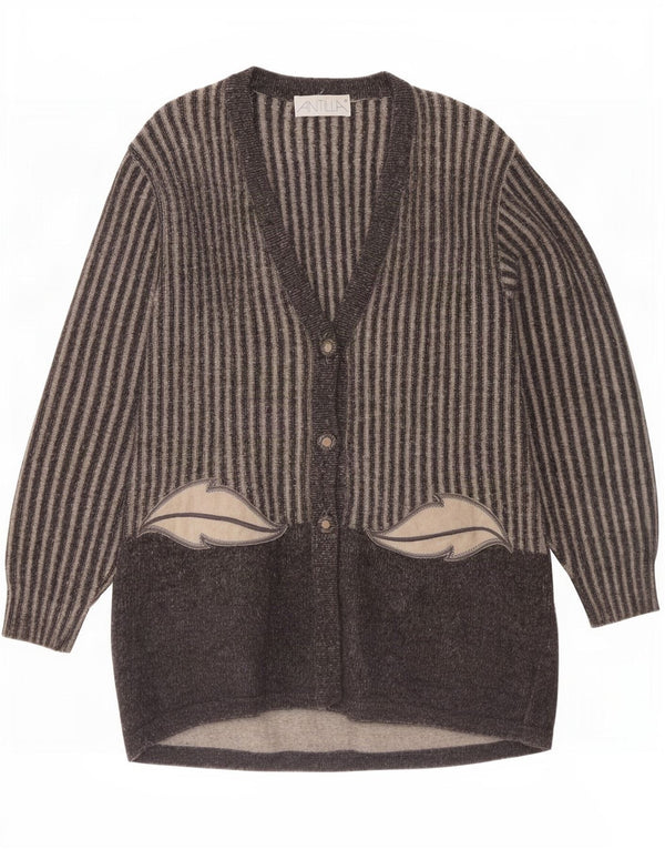Suéter cardigã feminino vintage longline Reino Unido 14 lã listrada cinza médio