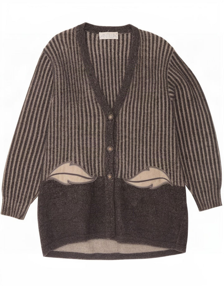 Suéter cardigã feminino vintage longline Reino Unido 14 lã listrada cinza médio