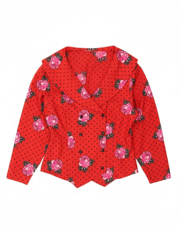 Blusa feminina vintage UK 14 poliéster floral vermelho médio