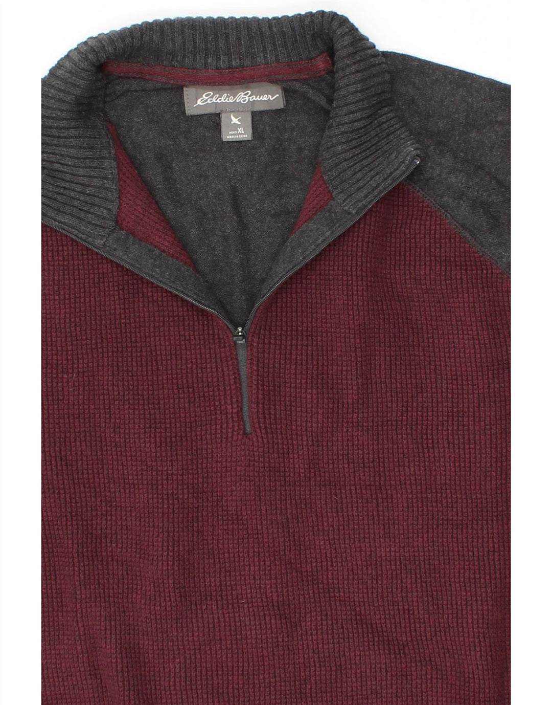 EDDIE BAUER Mens Zip Neck Jumper Sweater XL Maroon Colourblock Cotton Vintage Eddie Bauer and Second-Hand Eddie Bauer from Messina Hembry 