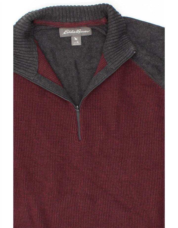 EDDIE BAUER Mens Zip Neck Jumper Sweater XL Maroon Colourblock Cotton Vintage Eddie Bauer and Second-Hand Eddie Bauer from Messina Hembry 