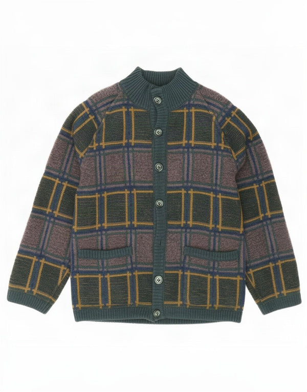 Suéter cardigã masculino vintage reversível, mohair xadrez verde médio