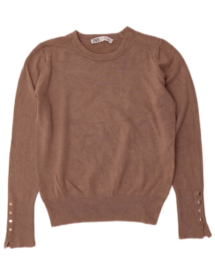 Zara Suéter feminino com gola redonda, Reino Unido 12 Viscose marrom médio