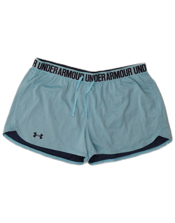 Shorts esportivos femininos Under Armour Heat Gear Graphic UK 14 grandes azuis manchados