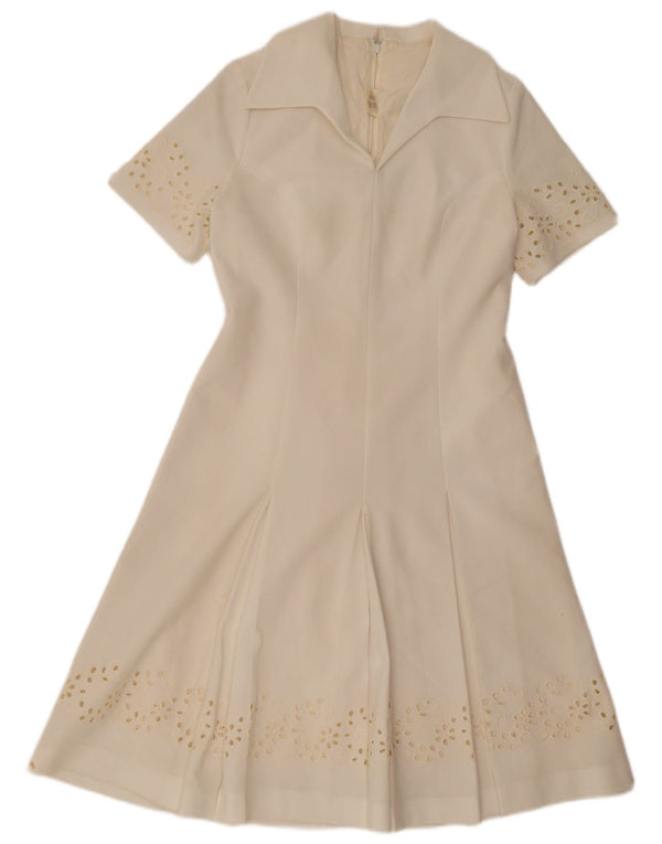 Vestido vintage feminino evasê IT 42 poliéster floral branco médio