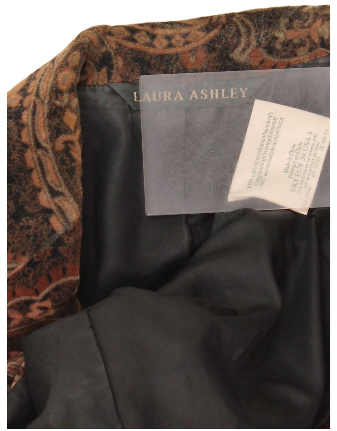 Laura Ashley jaqueta blazer feminina de veludo com 2 botões Reino Unido 8 pequena marrom paisley