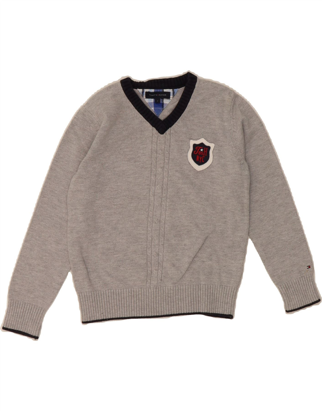 TOMMY HILFIGER Boys V-Neck Jumper Sweater 6-7 Years Grey Cotton Vintage Tommy Hilfiger and Second-Hand Tommy Hilfiger from Messina Hembry 