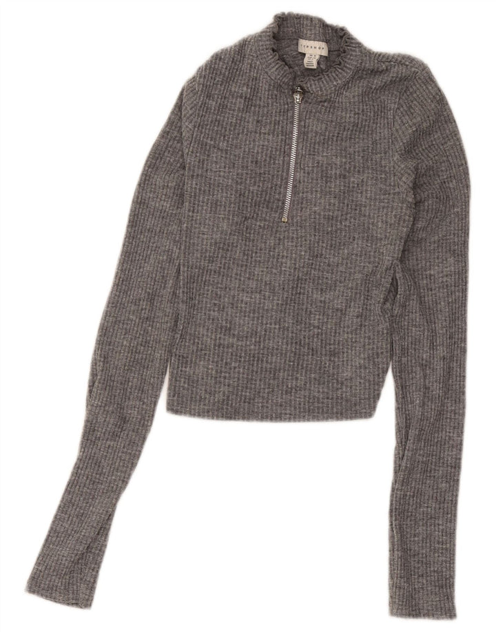 Topshop feminino com zíper e decote em poliéster UK 10 pequeno cinza manchado