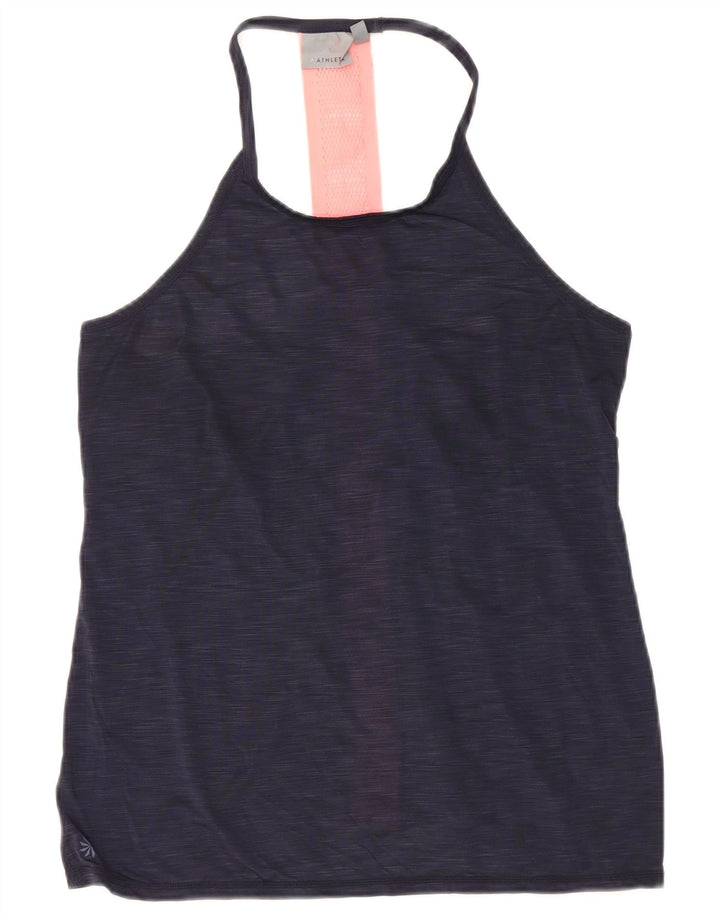 Colete feminino Athleta UK 12 poliéster manchado azul marinho médio